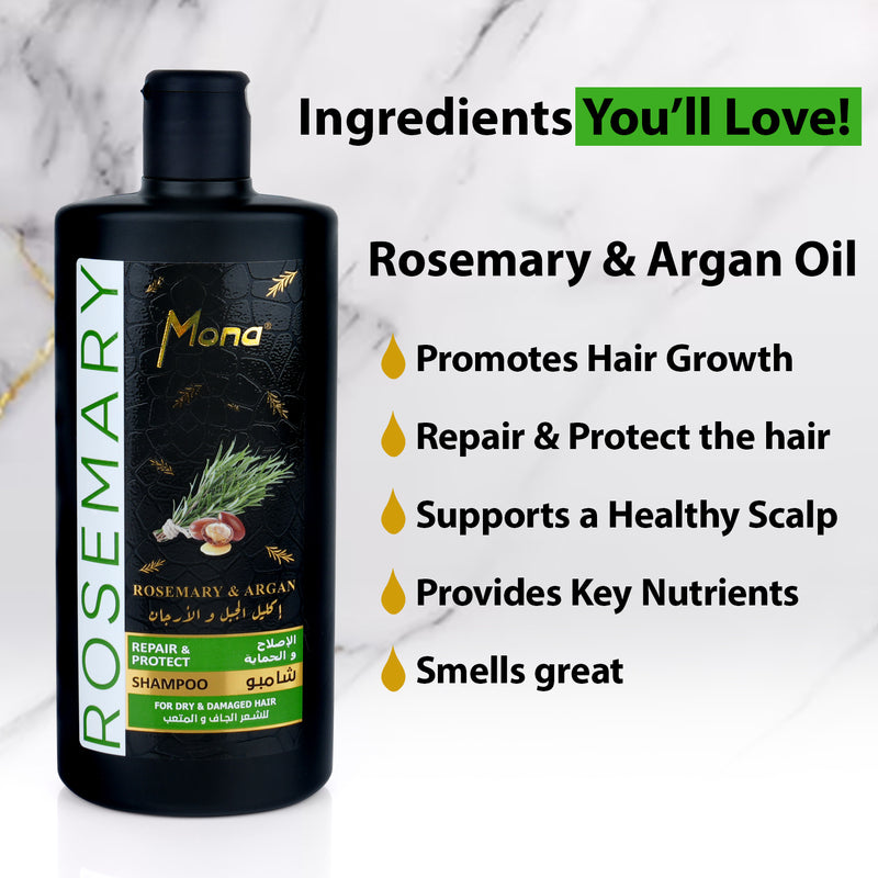 Mona Rosemary and Argan Strengthening Shampoo and conditioner Set: Helps Strengthen Dry and Damaged Hair - Biodegradable and Volumizing Formula for Thicker Healthier Hair – for Men & Women 440ML Each