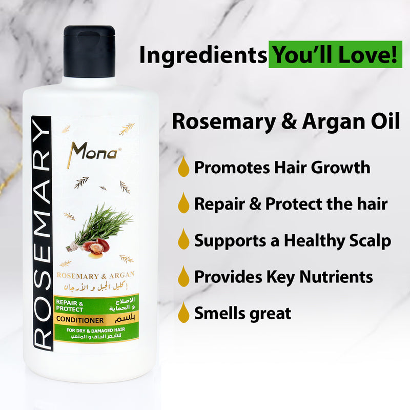 Mona Rosemary and Argan Strengthening Conditioner: Helps Strengthen Dry & brittle Hair - Volumizing Formula for Thicker Healthier Hair with Rosemary Essential Oil -Reduce Frizz and Add Shine to Damaged Hair for Men & Women 440ML